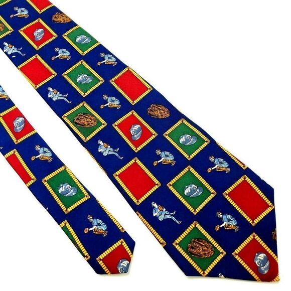 Vintage Tommy Hilfiger Colorblock Box Logo Silk Tie Blue Baseball Short Wide - Picture 1 of 6
